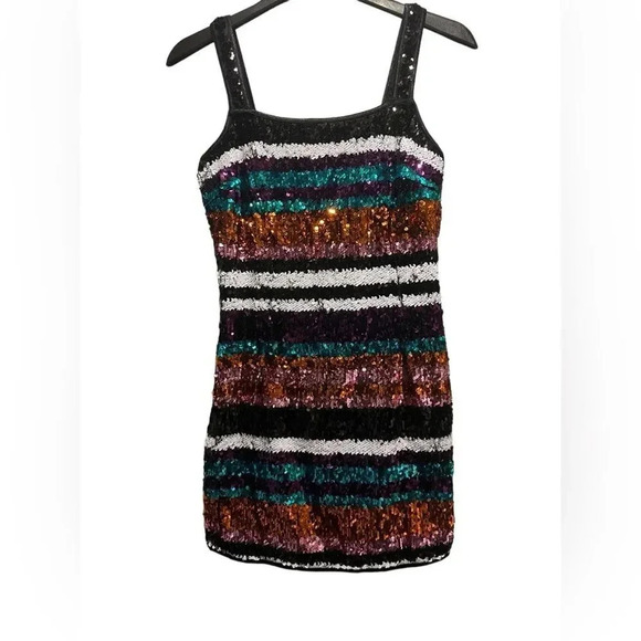 Shop 17 Multicolor Striped Sequin Mini Dress Sz L - Picture 2 of 9
